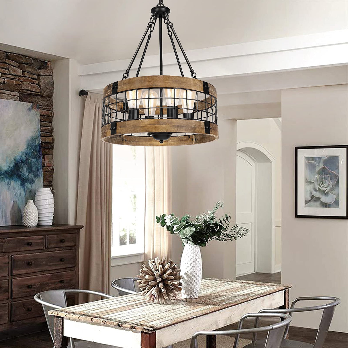 4-Light Rustic Chandelier for Entryway, Round Farmhouse Light Fixtures for Dining Room