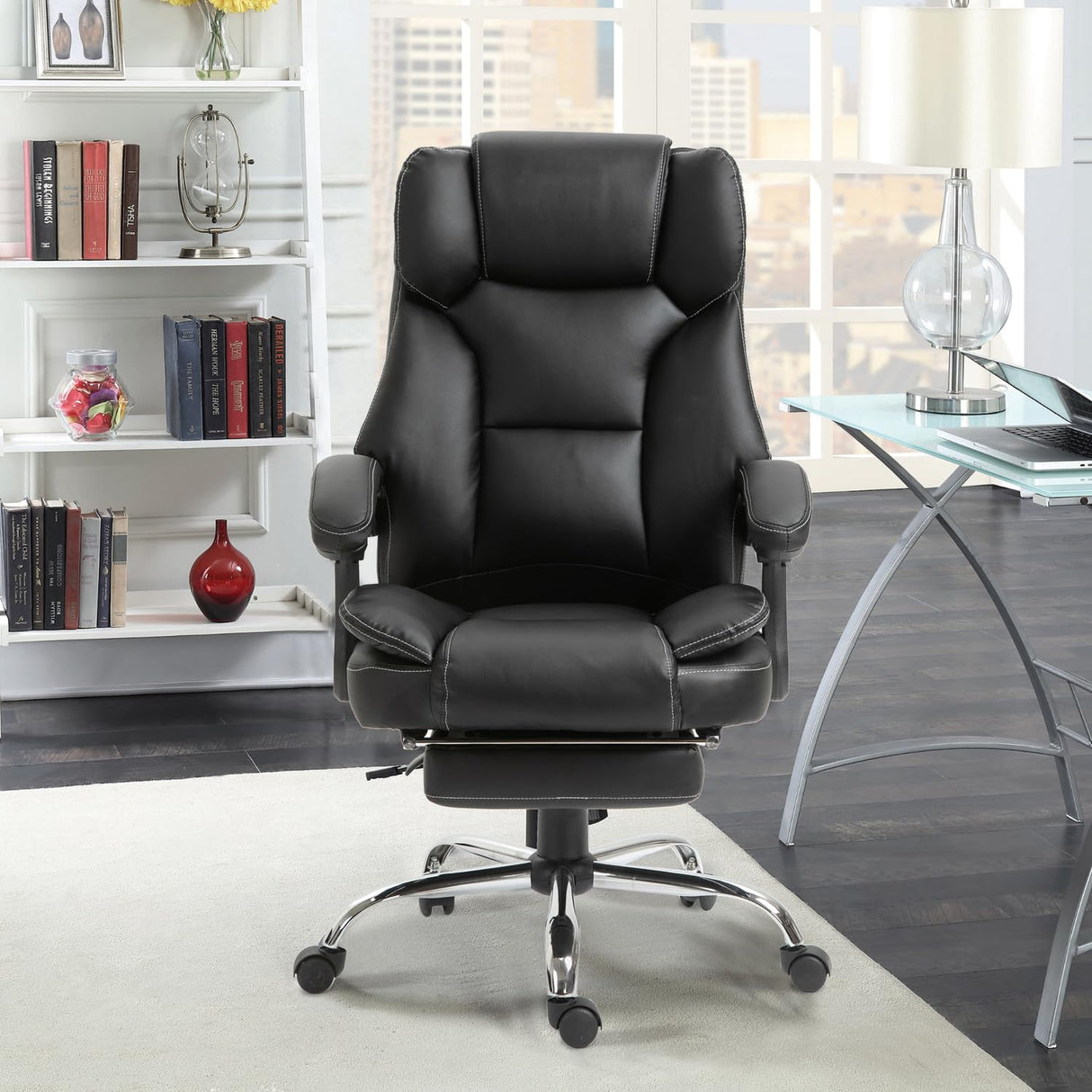 Chair with Footrest,Swivel Chair with Adjustable High Back & Thick Cushion & Strong Metal Base Quiet Wheels,PU Leather Desk Chair for Home Office - Black