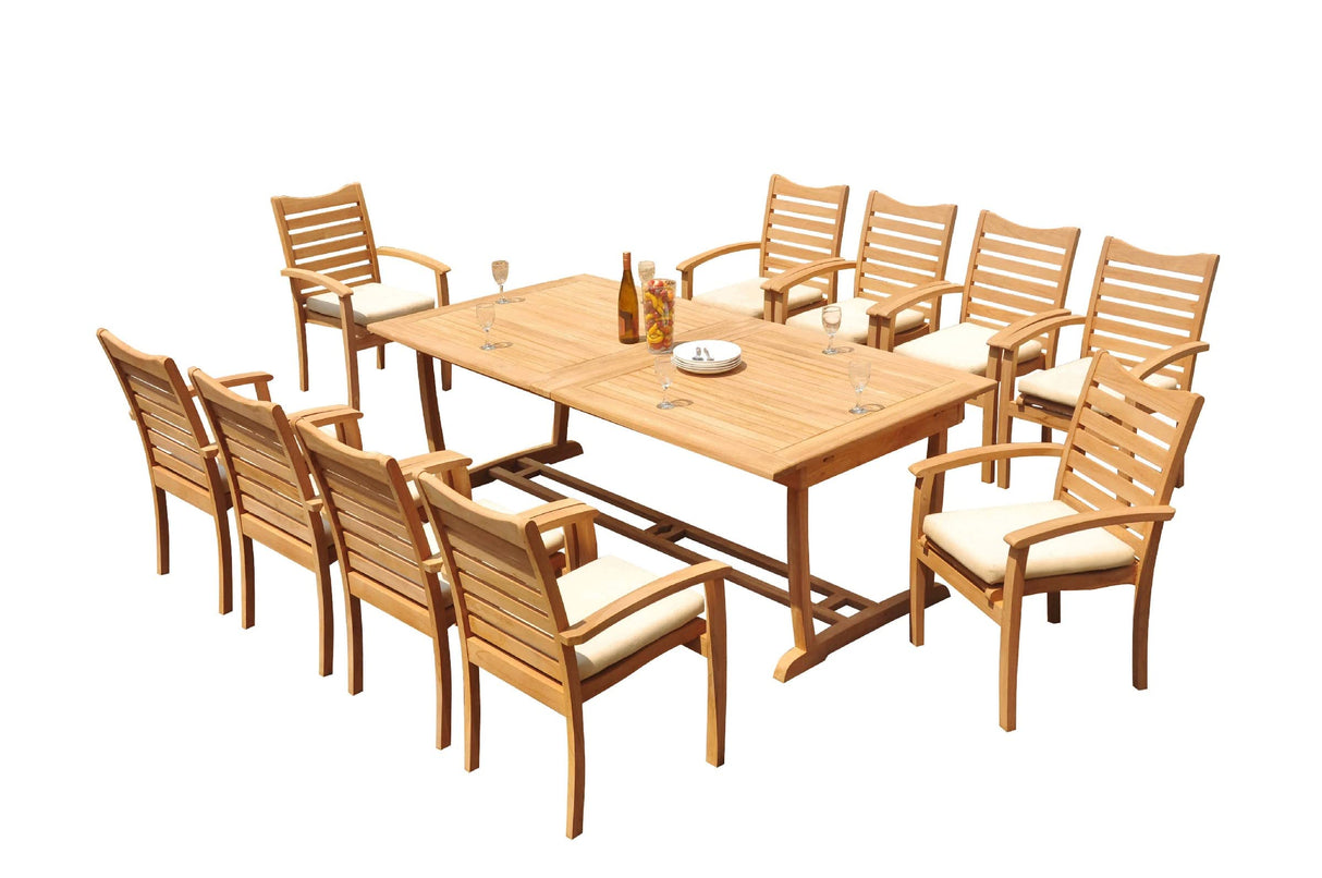 10 Seats 11 Pcs Grade-A Teak Wood Dining Set: 118" Double Extension Mas Rectangle Trestle Leg Table