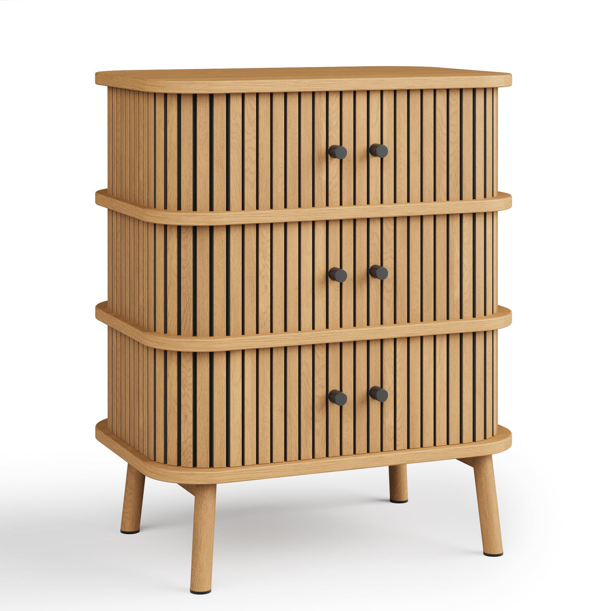 Fluted 3 Drawers Nightstand with Sliding Door, Boho 3 Drawer Dressers