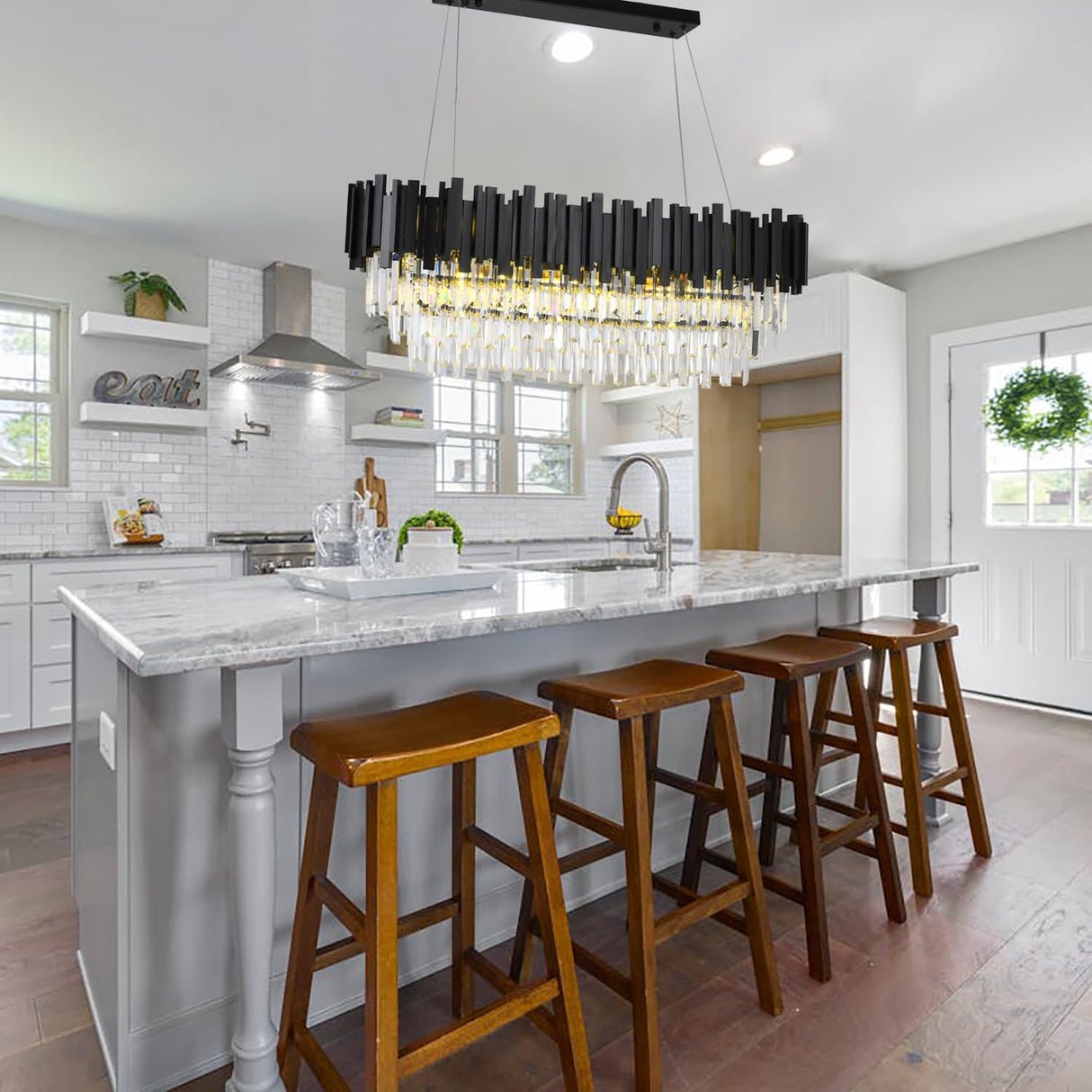 40 in Modern Linear 11 Light 3-Tier Transparent Crystal Design, Farmhouse Ceiling Fixture