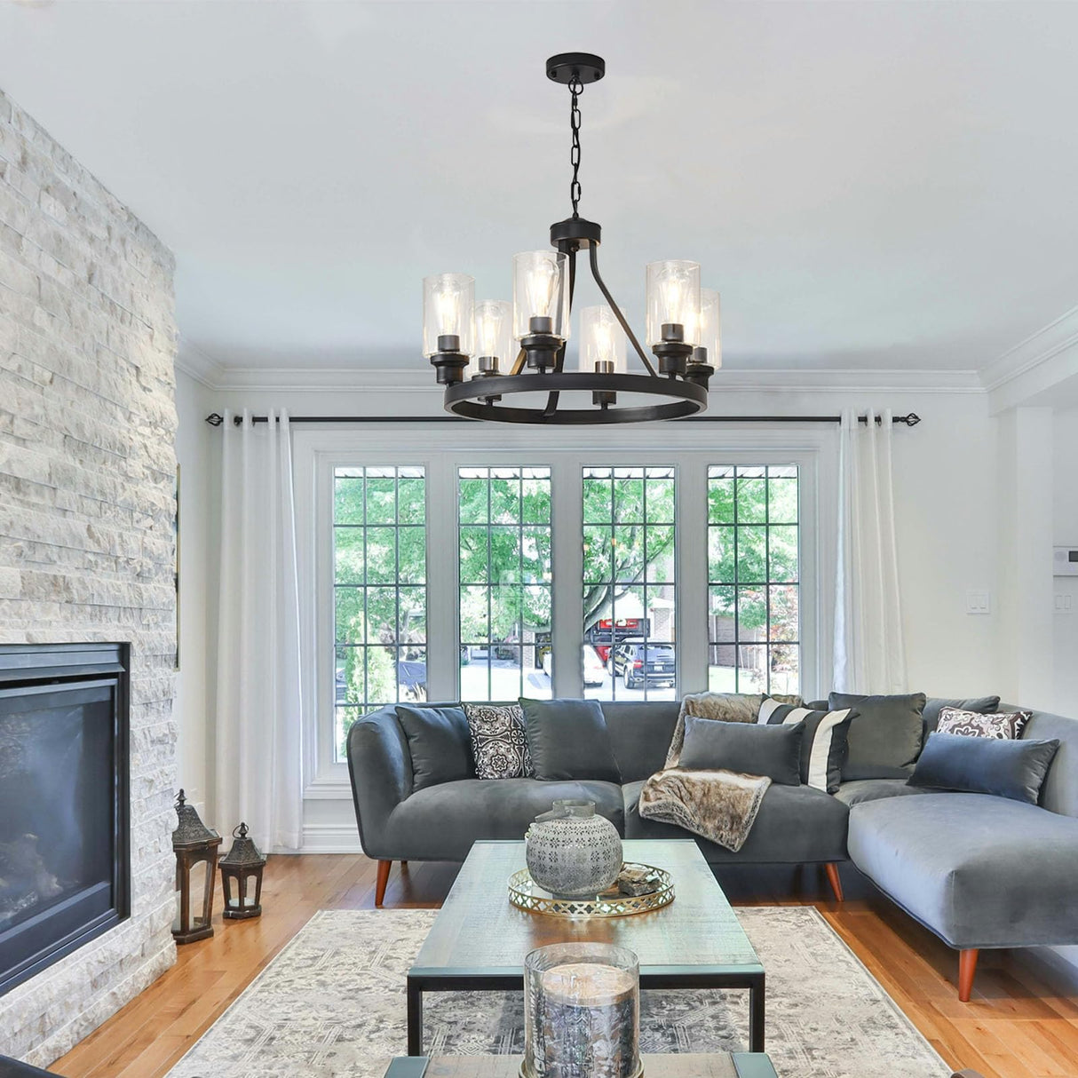 LOFTPLUS Farmhouse Chandelier 6-Light Black Dining Room Light Fixture with Glass Shade Ceiling Hanging Wagon Wheel Chandeliers for Living Room Kitchen Island Entryway Foyer