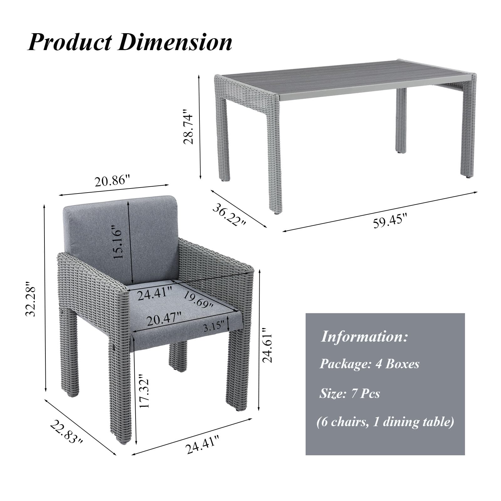 DAYAOUTDOOR 7 Piece Patio Dining Set, Outdoor Dining Furniture Set with Large Table, PE Wicker Patio Dining Set of 6, Outdoor Table and Chairs for Garden, Yard, Backyard, Poolside, Grey