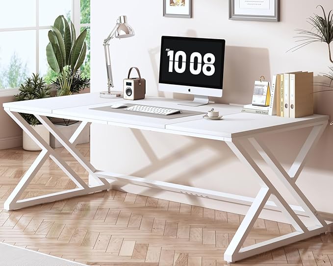 White 70.8" Computer Desk, Modern Large Long Wood Metal Office Desk