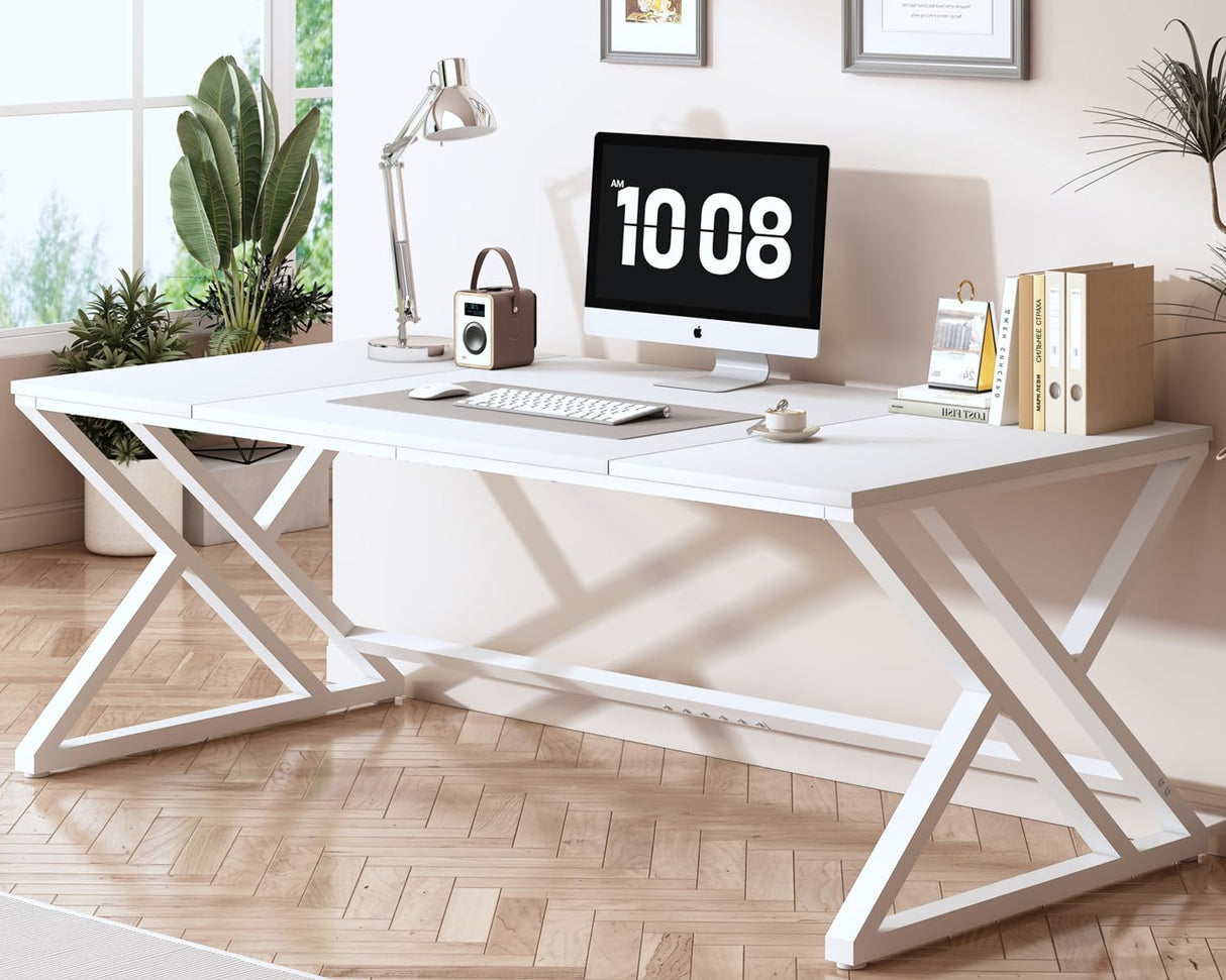 White 70.8" Computer Desk, Modern Large Long Wood Metal Office Desk