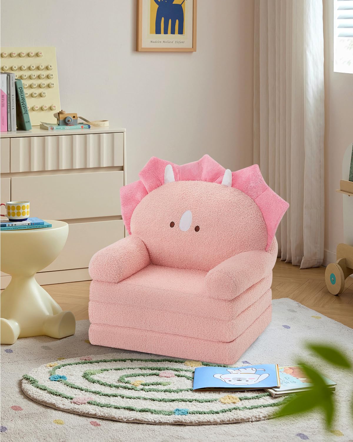 Comfy Toddler Chair, Kids Couch Fold Out to Lounger, Foldable Baby Sofa Plush for Girl and Boy Age 18 Months and Up (Pink Triceratops)