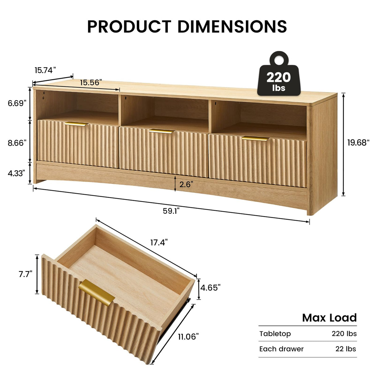 Fluted TV Stand for 50-65" TVs with Drawers and Open Shelf