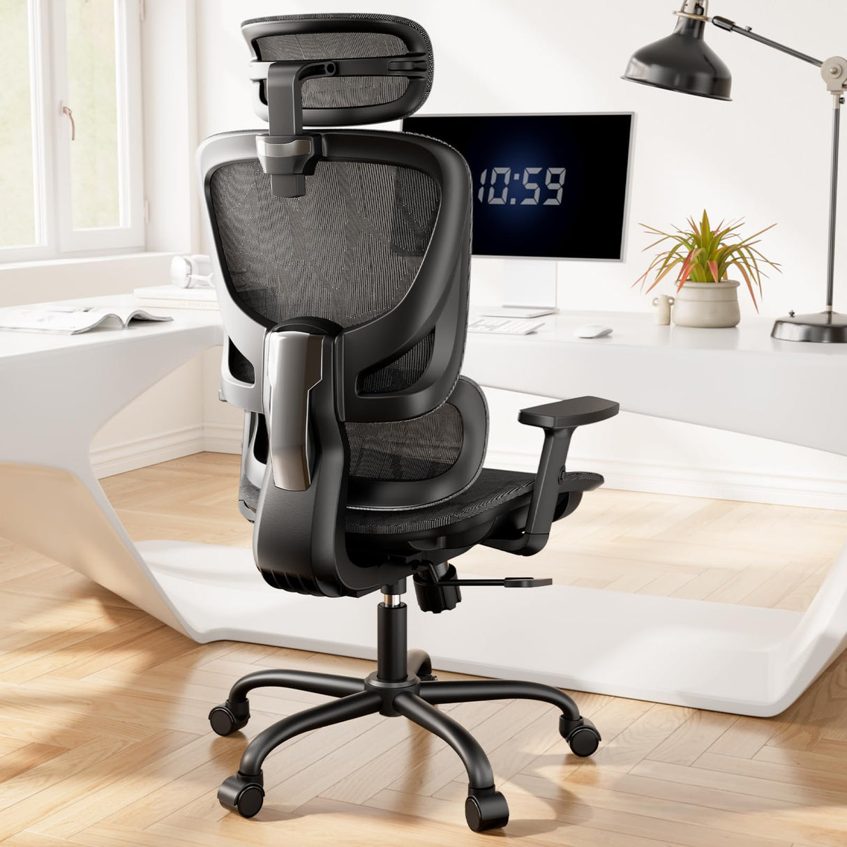 Mesh Office Chair, High Back Desk Chair with 5-Level Lumbar Support, Adjustable Headrest, Armrests, Rocking Tilt, Computer Mesh Chair for Home Office Gaming