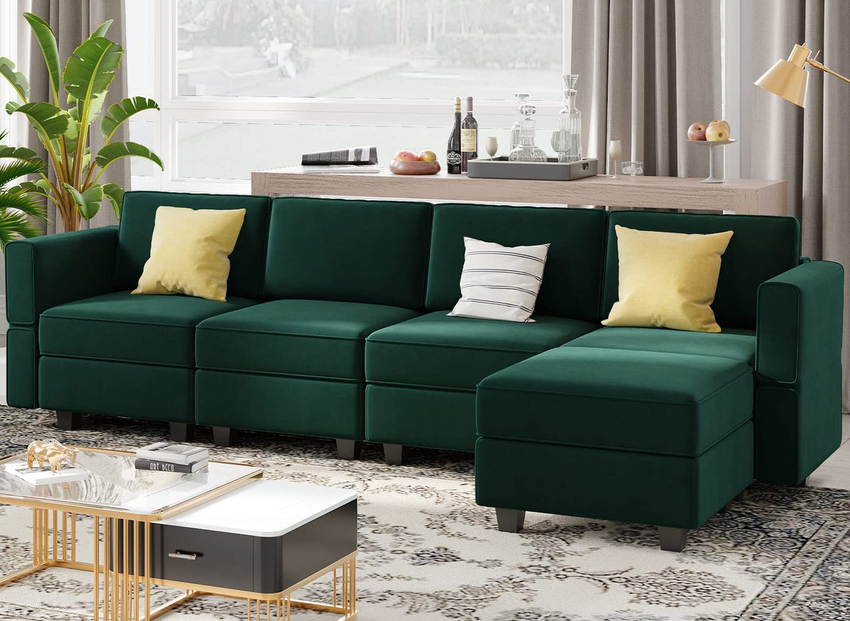 Belffin Modular Sectional Sofa Couch with Reversible Chaise - Velvet L Shaped Couch with Storage, 4-seat Convertible Green.…