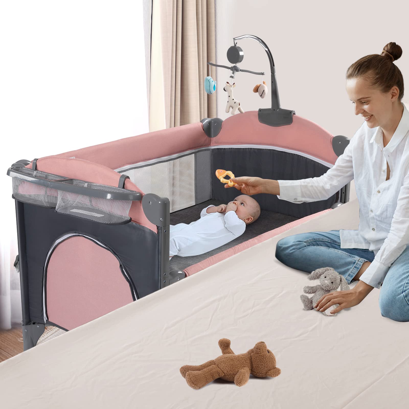5 in 1 Baby Crib,Baby Bassinet, Bedside Cribs, Pack and Play with Changing Table