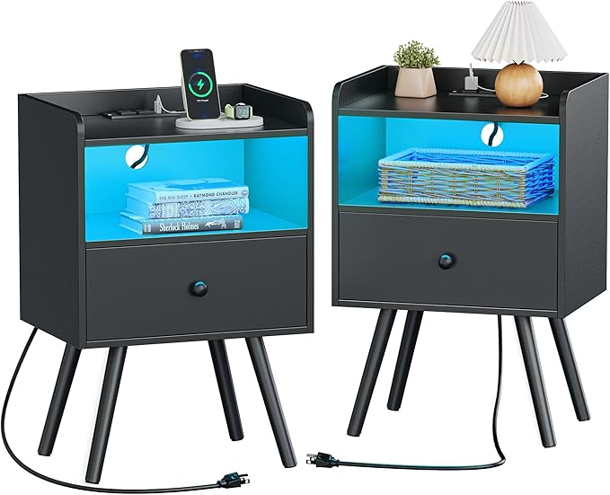 Night Stand Set of 2, Nightstand with Charging Station