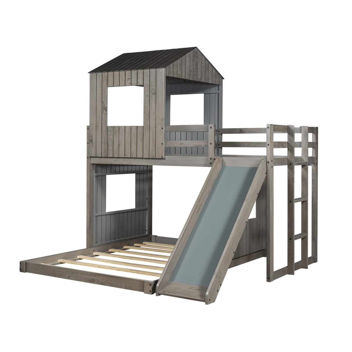 Wood House Loft Bunk Bed with Slide for Kids Toddler, Farmhouse Style Low Bunk Beds