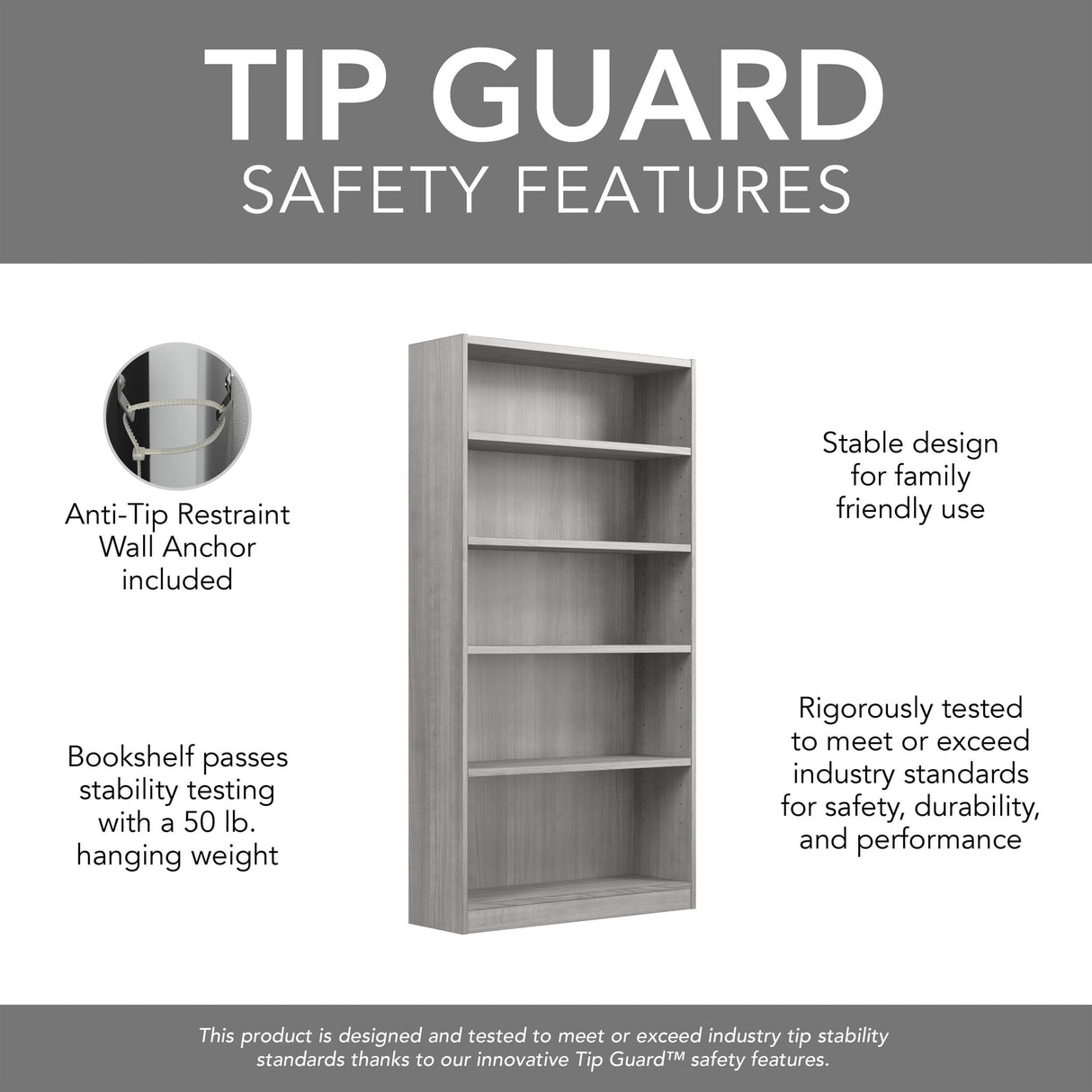 Bush Furniture Universal Tall 5 Shelf Bookcase in Platinum Gray, Vertical Storage and Display Bookshelf for Home Office or Living Room Organization