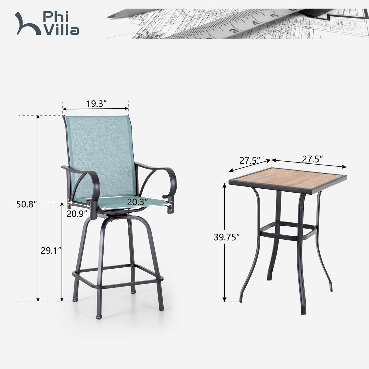 PHI VILLA 5 Piece Outdoor Bar Set, High Top Patio Bistro Bar Table and 4 Outdoor Swivel Bar Stools Chairs with Teal Textilene Fabric for Outside, Balcony, Garden and Yard