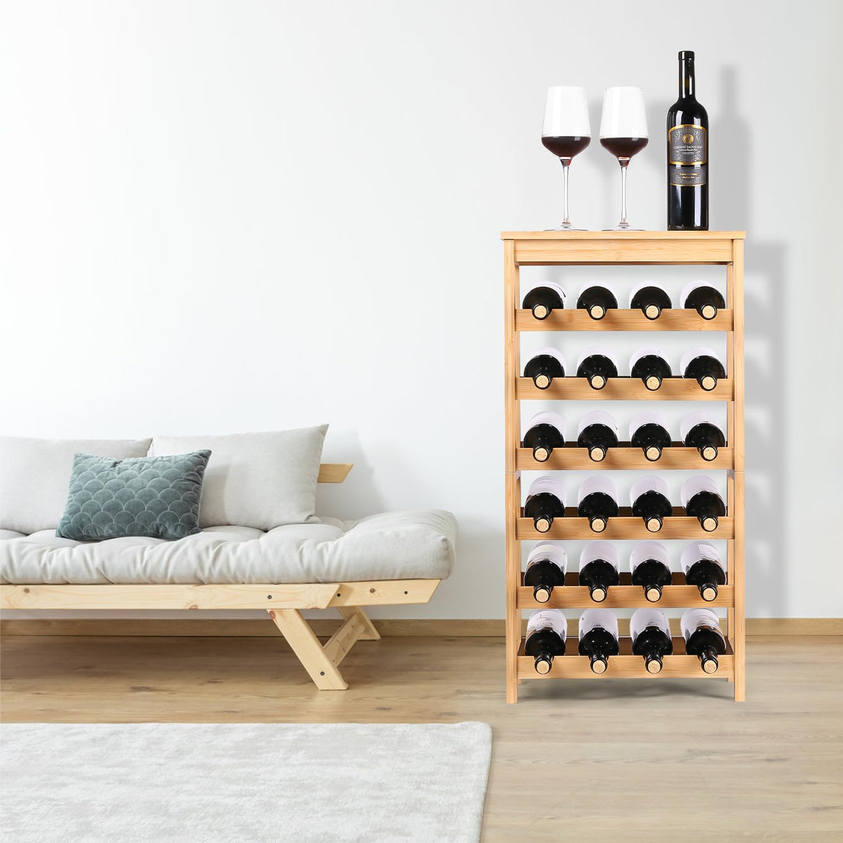 24 Bottles Wine Rack Freestanding Floor, Bamboo Wine Storage