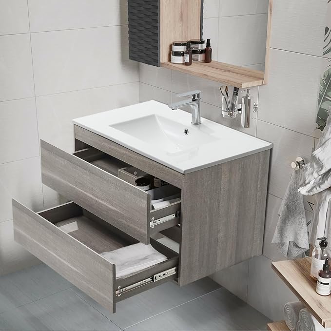 36" White Bathroom Vanity Wall Mounted Floating Vanity Two Drawers Storage Cabinet