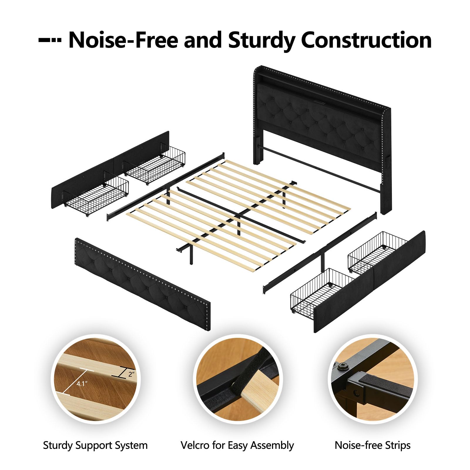 LARMACE Queen Size Bed Frame with LED Lights & USB Charging Station, Velvet Upholstered Platform Bed with Storage Headboard and 4 Drawers, Noise Free, Easy Assembly, Black