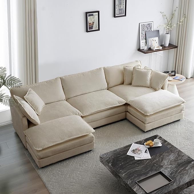 Chenille U-Shaped Modular Sectional Couch, Modern Comfy 3 Seater Deep Seat