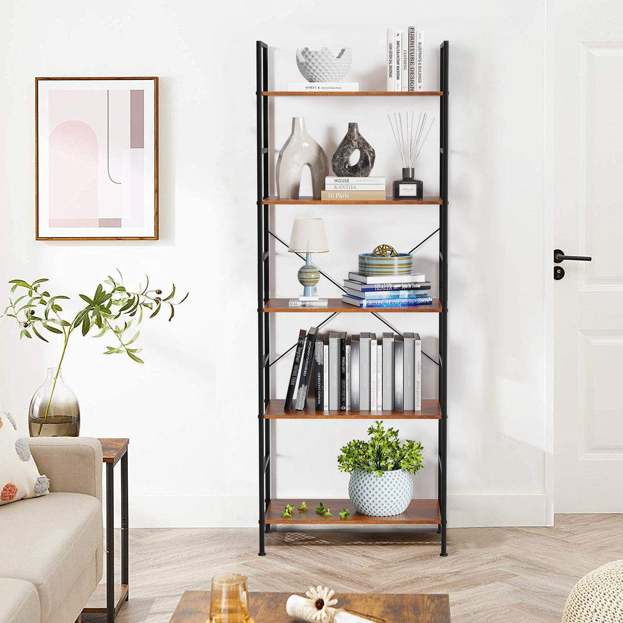 Bookshelf, Bookcase with 5 Tiers, Metal Frame Bookcase, Tall Bookcase Storage Organizer