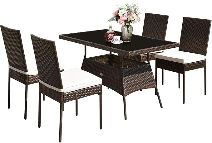 5 Piece Patio Wicker Dining Set, Outdoor Rattan Table and Chairs