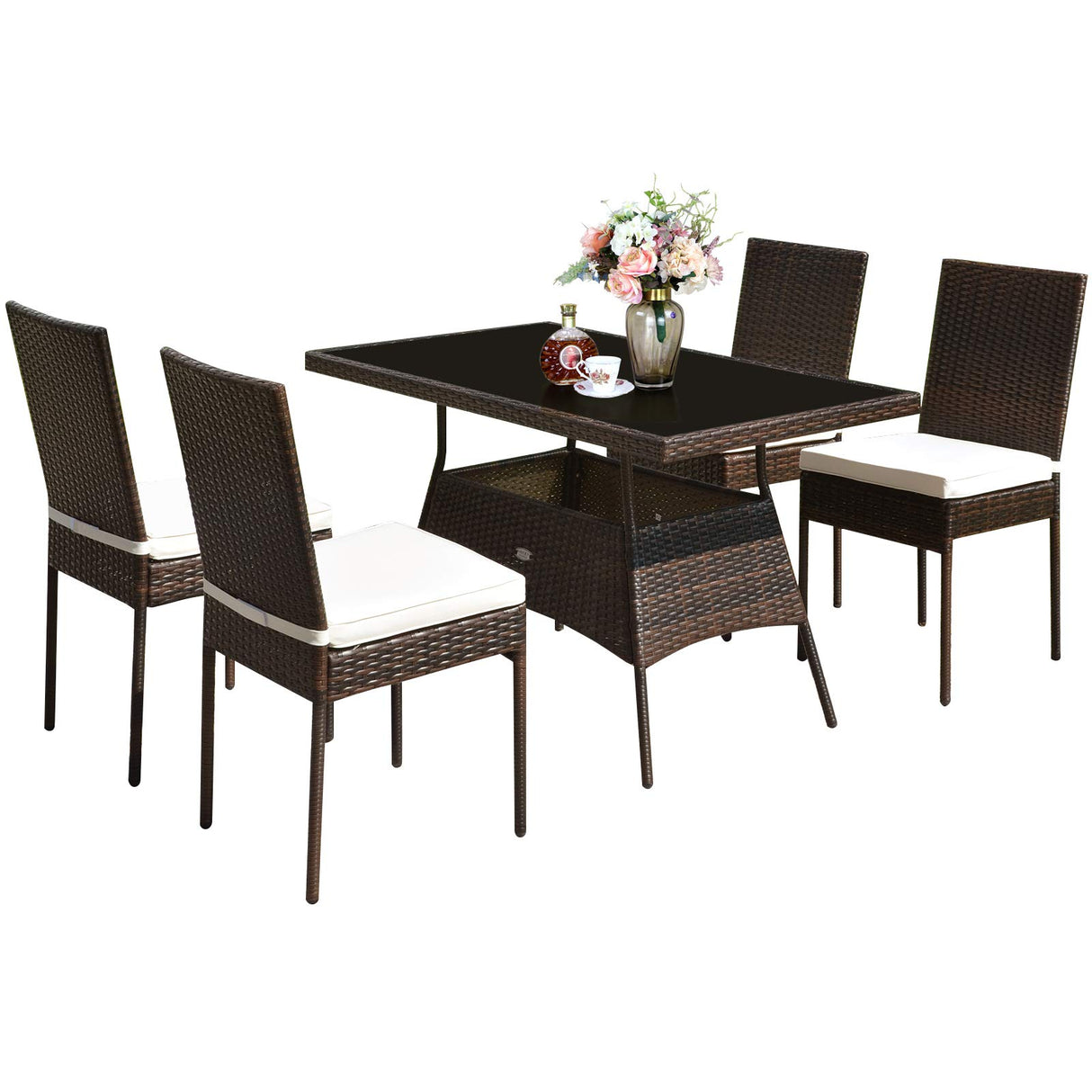 5 Piece Patio Wicker Dining Set, Outdoor Rattan Table and Chairs