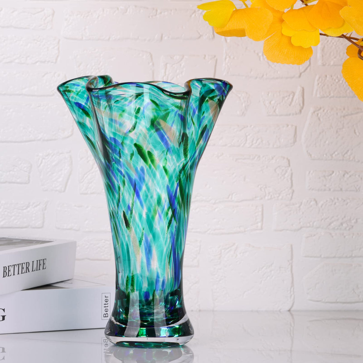 9.0" H Teal Glass Vases for Flowers, Hand Blow Glass Vase Teal Home Decor