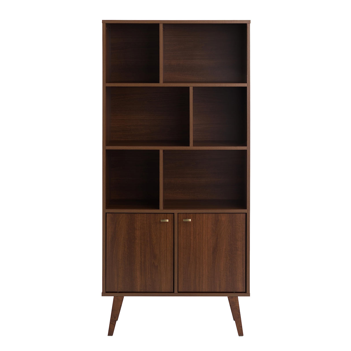 Mid-Century Modern Bookcase with Six Shelves, Two Doors, and Brushed Brass-Finished
