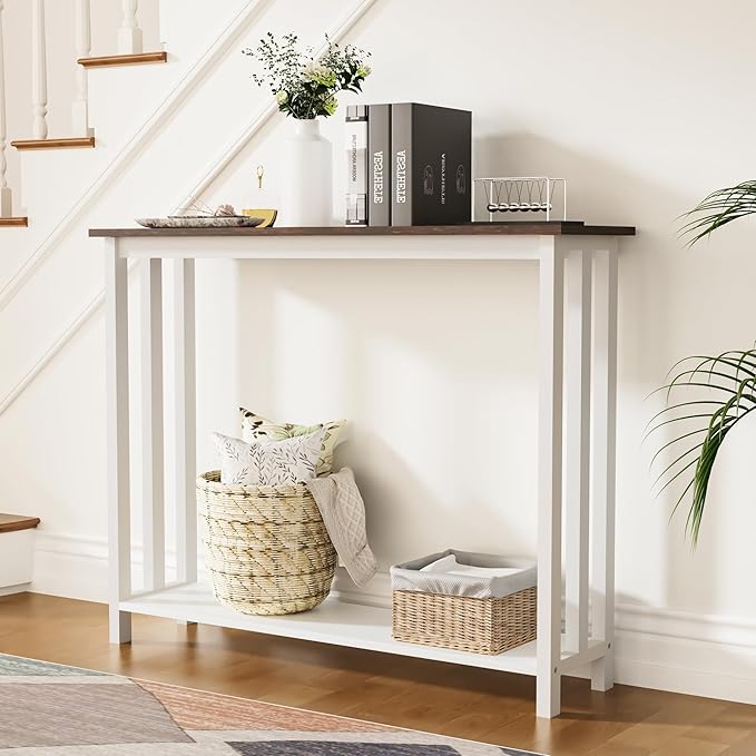 Industrial Solid Wood Console Table, 2 Tier Entryway Table with Storage Shelves