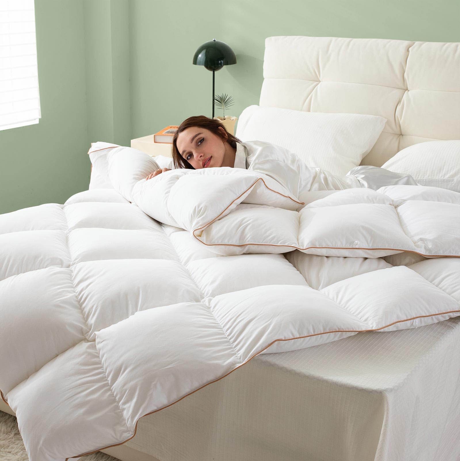 Feather Fiber Comforter King Size Duvet Insert for All Season, 100% Cotton Hotel Collection Down Comforter Alternative, 4 Corner Loops, Gold Piping, 90x106In