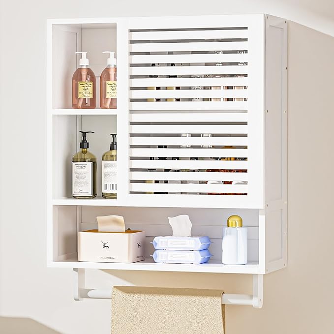 Bamboo Bathroom Cabinet Wall with Towels Bar, Medicine Organizer with Open Compartment