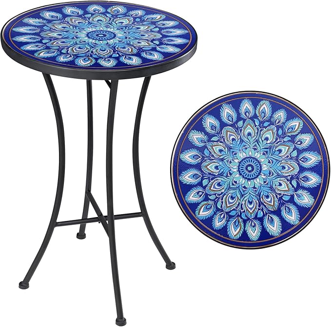 Mosaic Outdoor Side Table, 14" Round Folding Plant Stand for Patio Garden Backyard