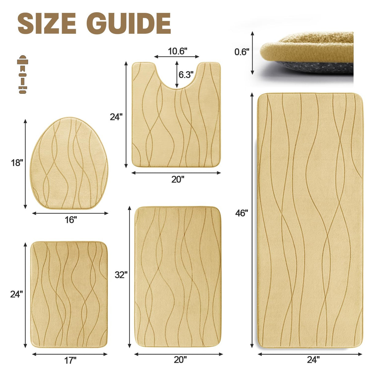 YIHOUSE Memory Foam Beige Bathroom Rug Sets 5 Piece, Ultra Absorbent Bath Mat for Bathroom - Non-Slip Machine Washable & Dry Quickly, 5 Piece Bathroom Mat Set, Beige