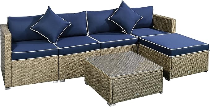 6-Piece Outdoor Wicker Sectional Sofa Set with Ottoman and Glass Table