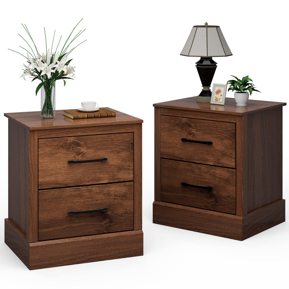 Farmhouse Nightstand Set of 2, Wood Bedside Table with 2 Storage Drawers