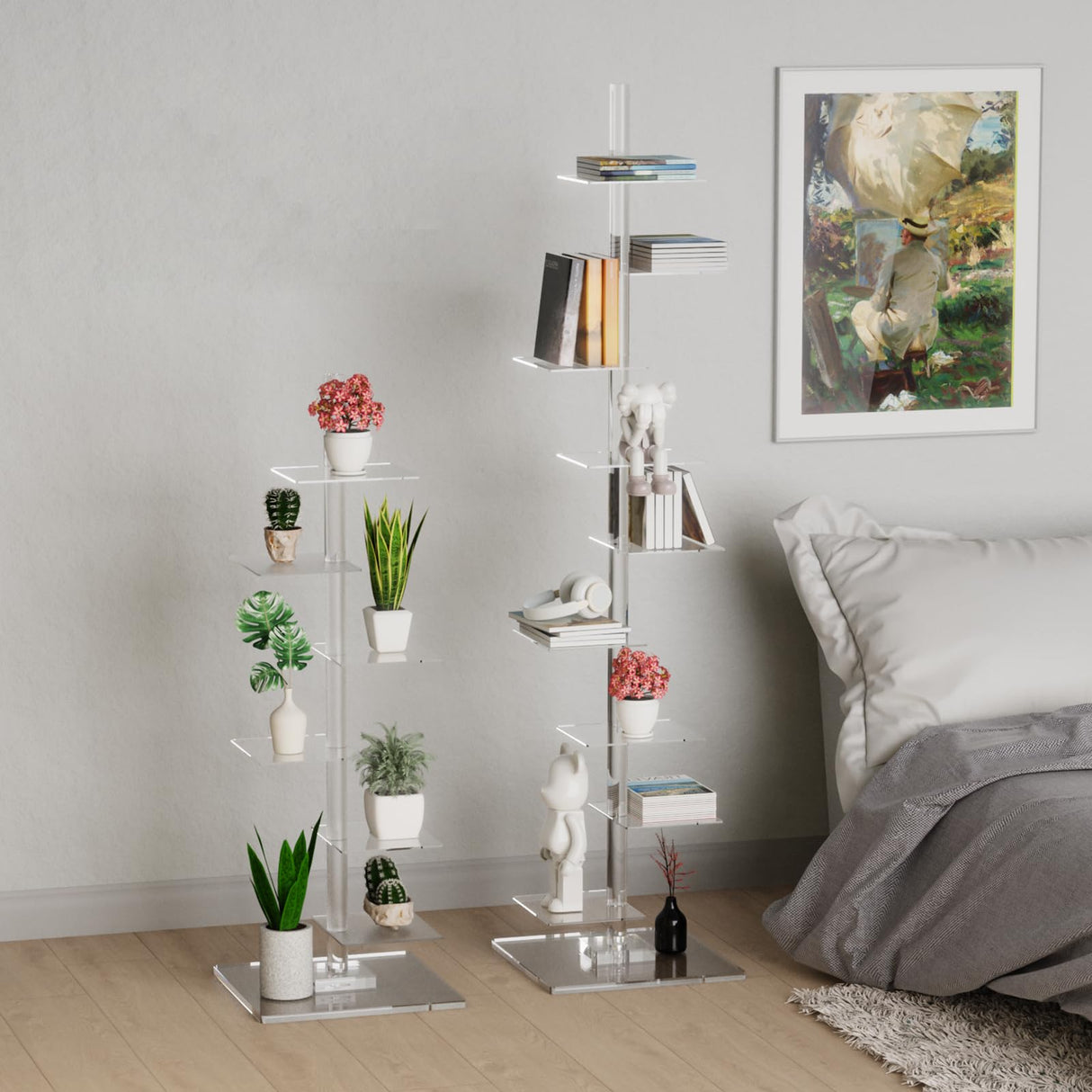 9 Tier Acrylic Bookshelf Invisible Bookshelf, Height Adjustable Vertical Spine Book Tower, Floor Standing Bookcase Display Shelf for Books,Decor, DIY Open Bookcase for Living Room, Office