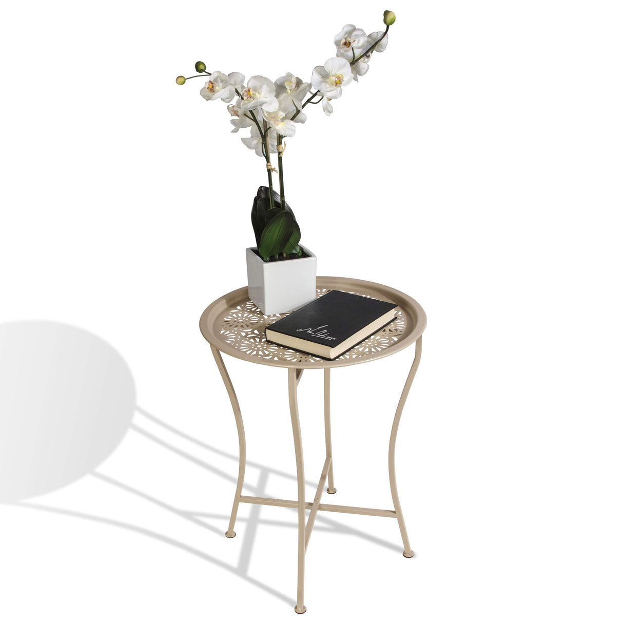 Atlantic Daisy Tray Table, Heavy - Duty Metal Construction, UV - Coated for Outdoor Use, Foldable Stand with Removable Daisy Pattern Top Tray, PN 82050198 in Stone - Bircata