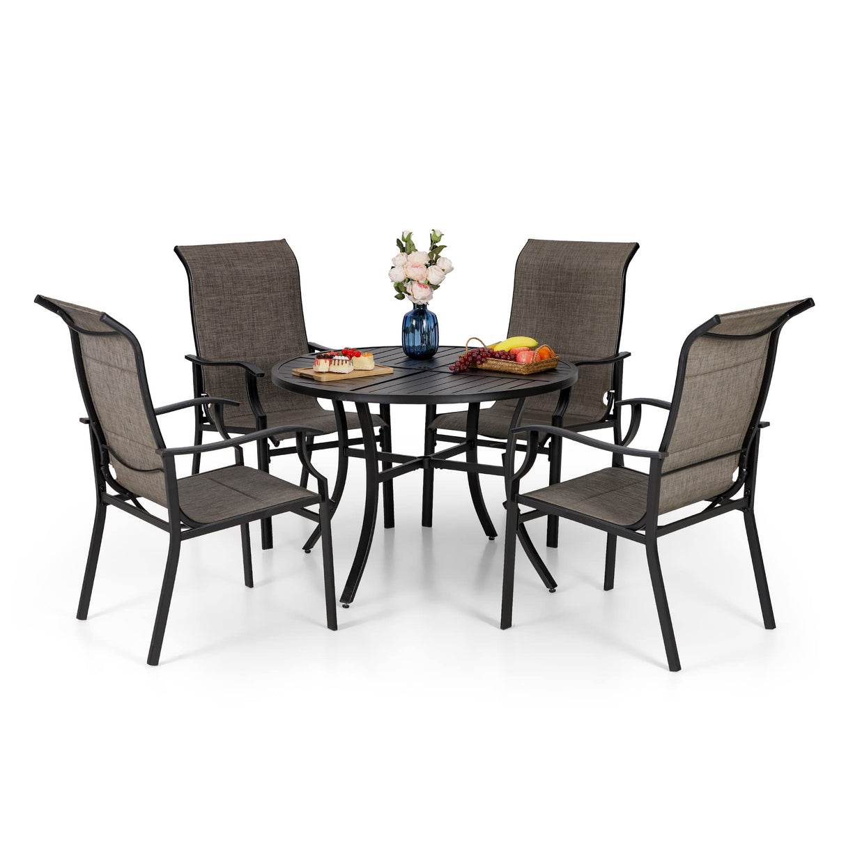 5 Piece Outdoor Round Dining Table Set for 4, 42” Metal Dining Table