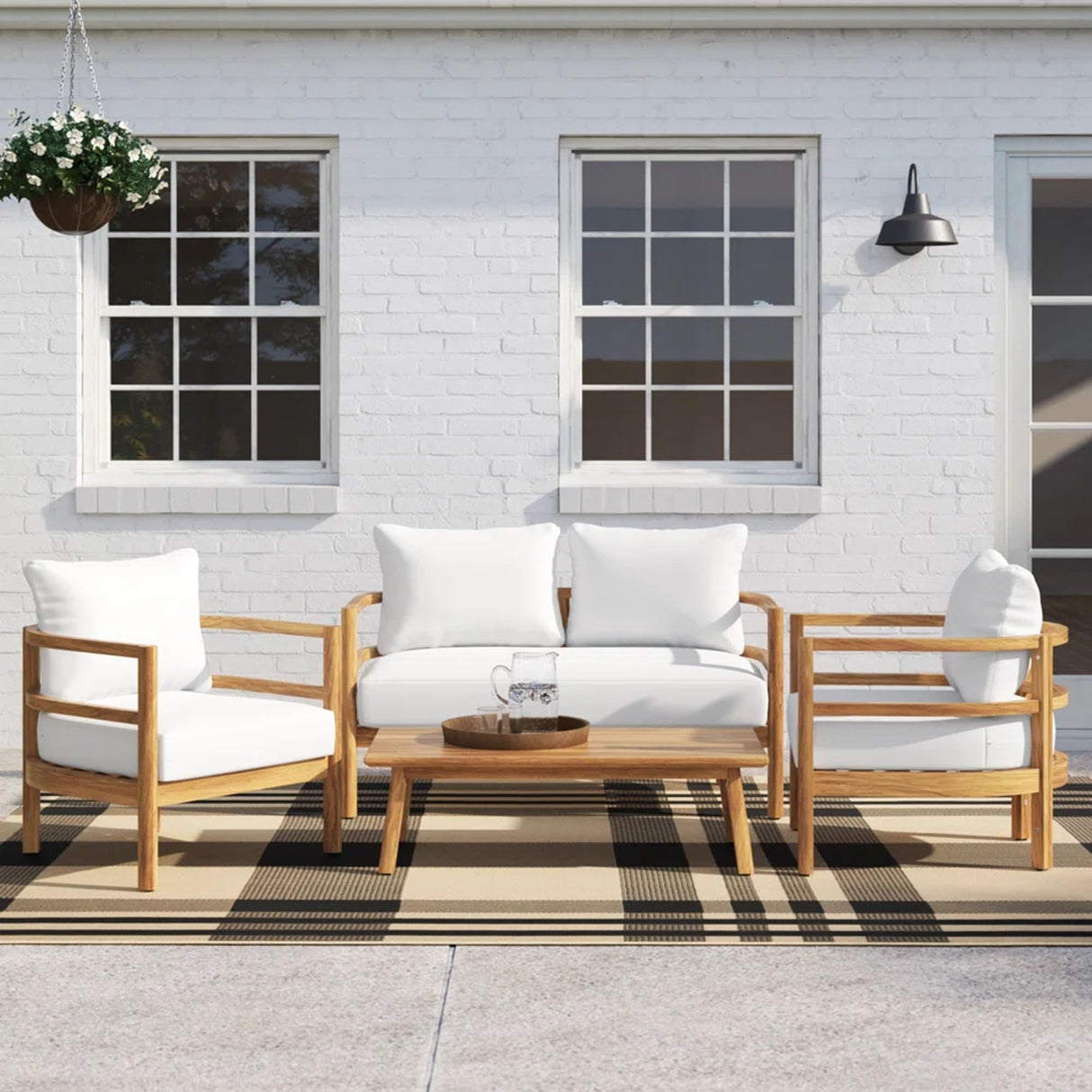 4 Piece Outdoor Patio Conversation Set,Acacia Wood Frame Club Chair