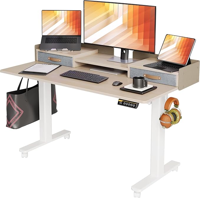 Desk with Drawers, Adjustable Height Stand up Desk with Storage Shelf, Electric Small Sit Stand Desk with Splice Board, 48 Inch, White