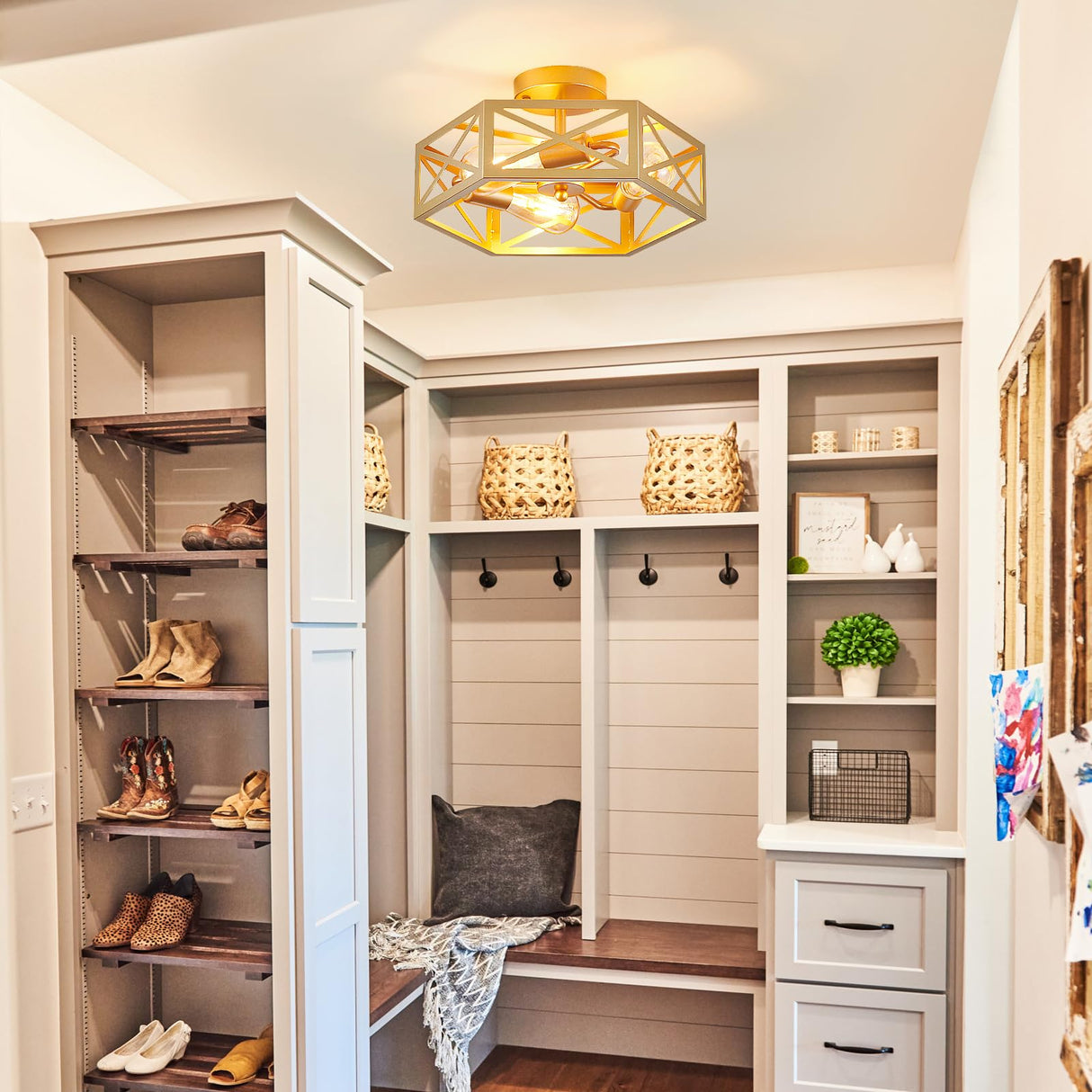 Modern Gold Flush Mount Light Fixture, 3 Light Hallway Light Fixtures