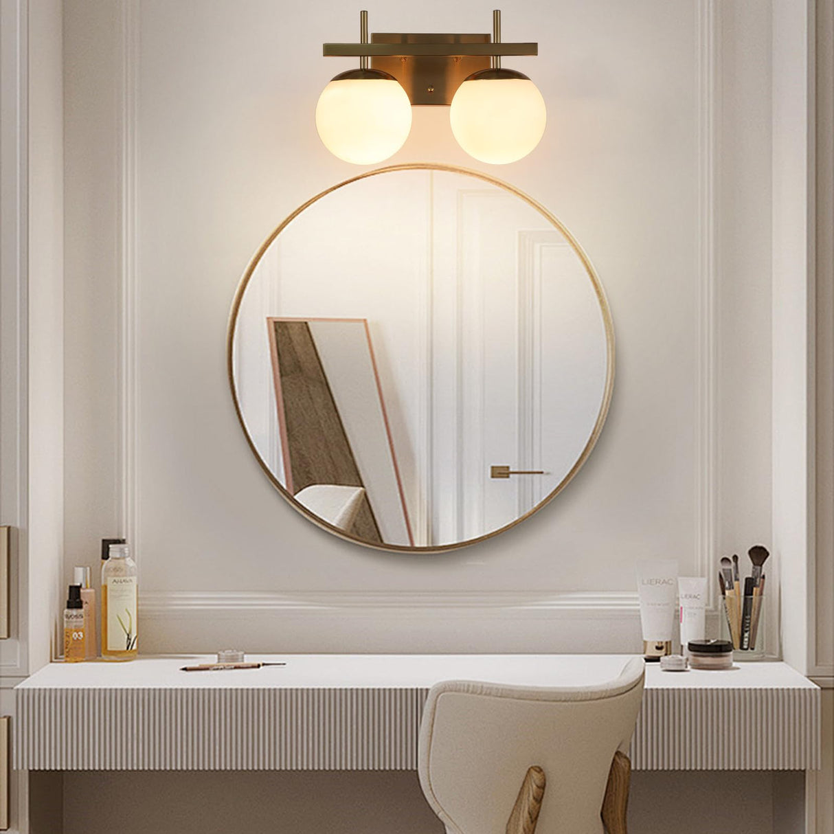 Gold Mid Century Modern Vanity Light Fixtures, 2 Light Bathroom Vanity Light,Globe