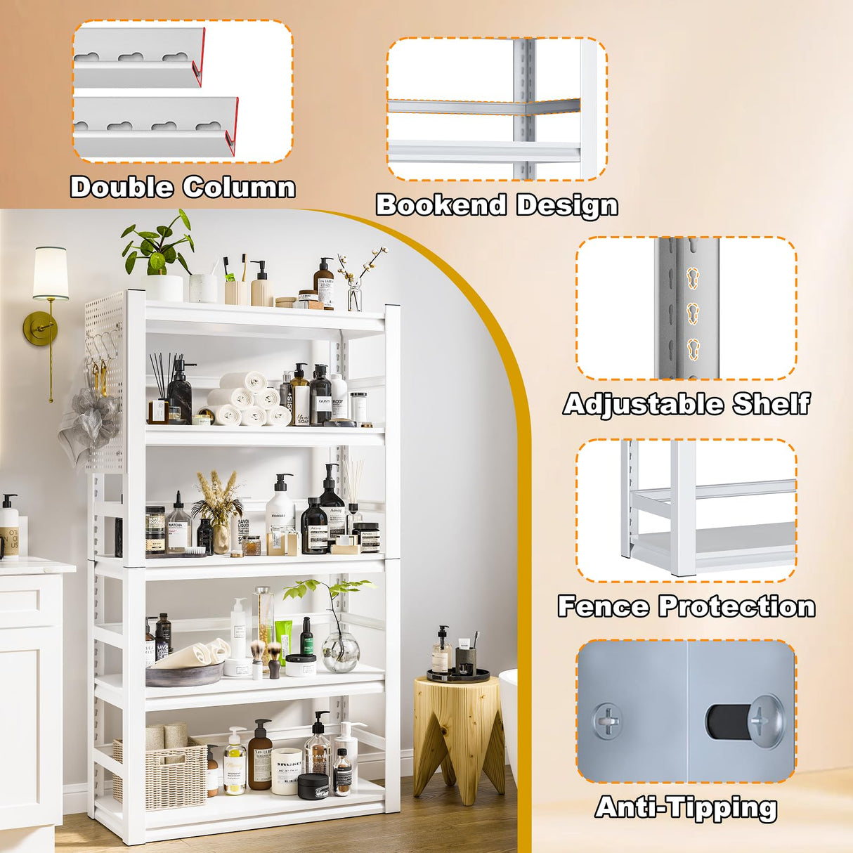 RGGCABINET 5 Tier Metal Bookshelf, 63" Tall Bookcase, Adjustable White Book Shelf, Heavy Duty Storage Shelves for Bedroom, Living Room, Home Office, School, Bathroom and Kitchen