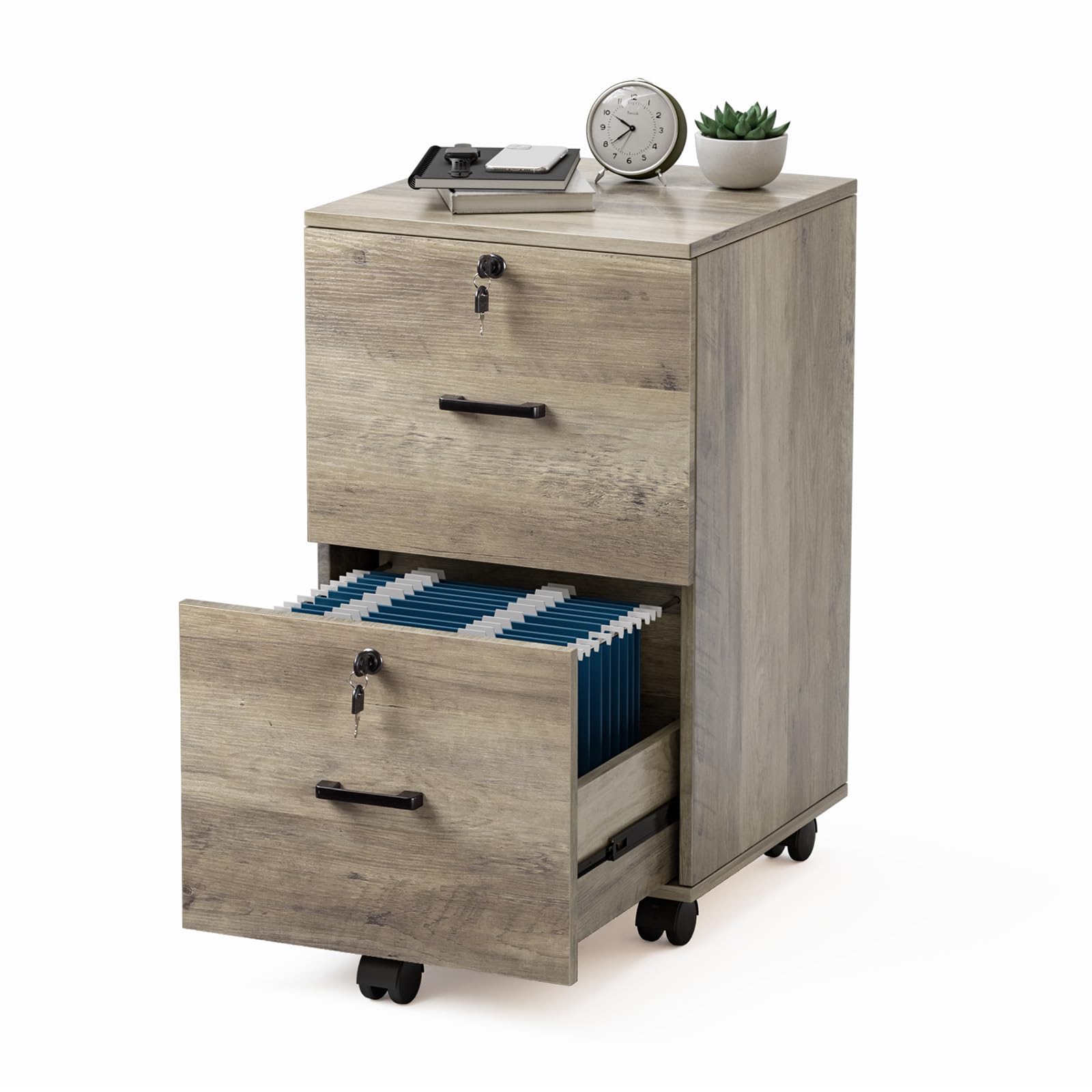 2 Drawer File Cabinet with Lock, Wood Rustic Gray File Cabinet