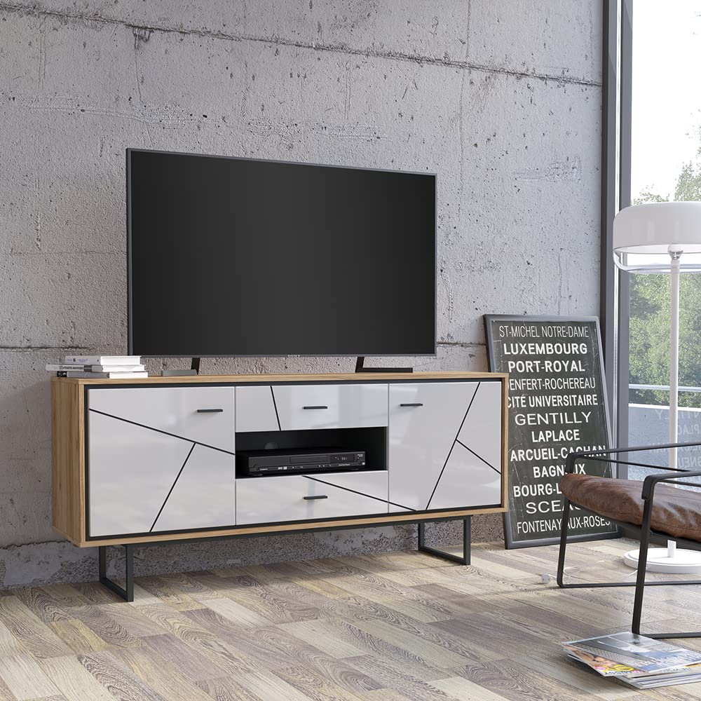 TV Stand for TVs up to 75", Mid-Century Modern High Gloss 66" Entertainment Center