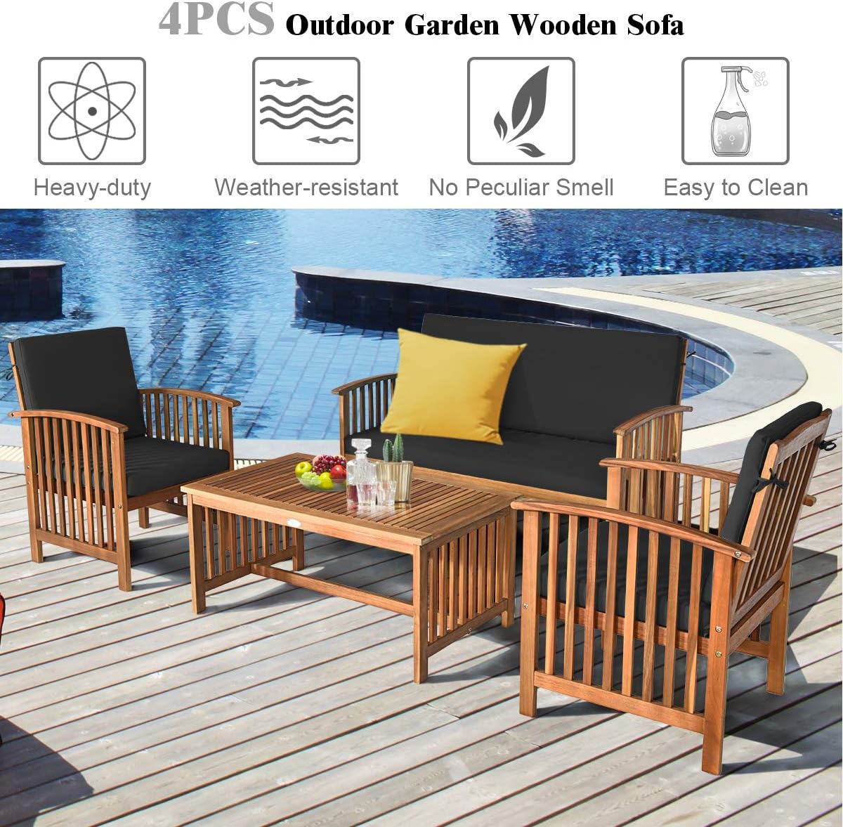 Outdoor 4 PCS Acacia Wood Sofa Set w/Water Resistant Cushions