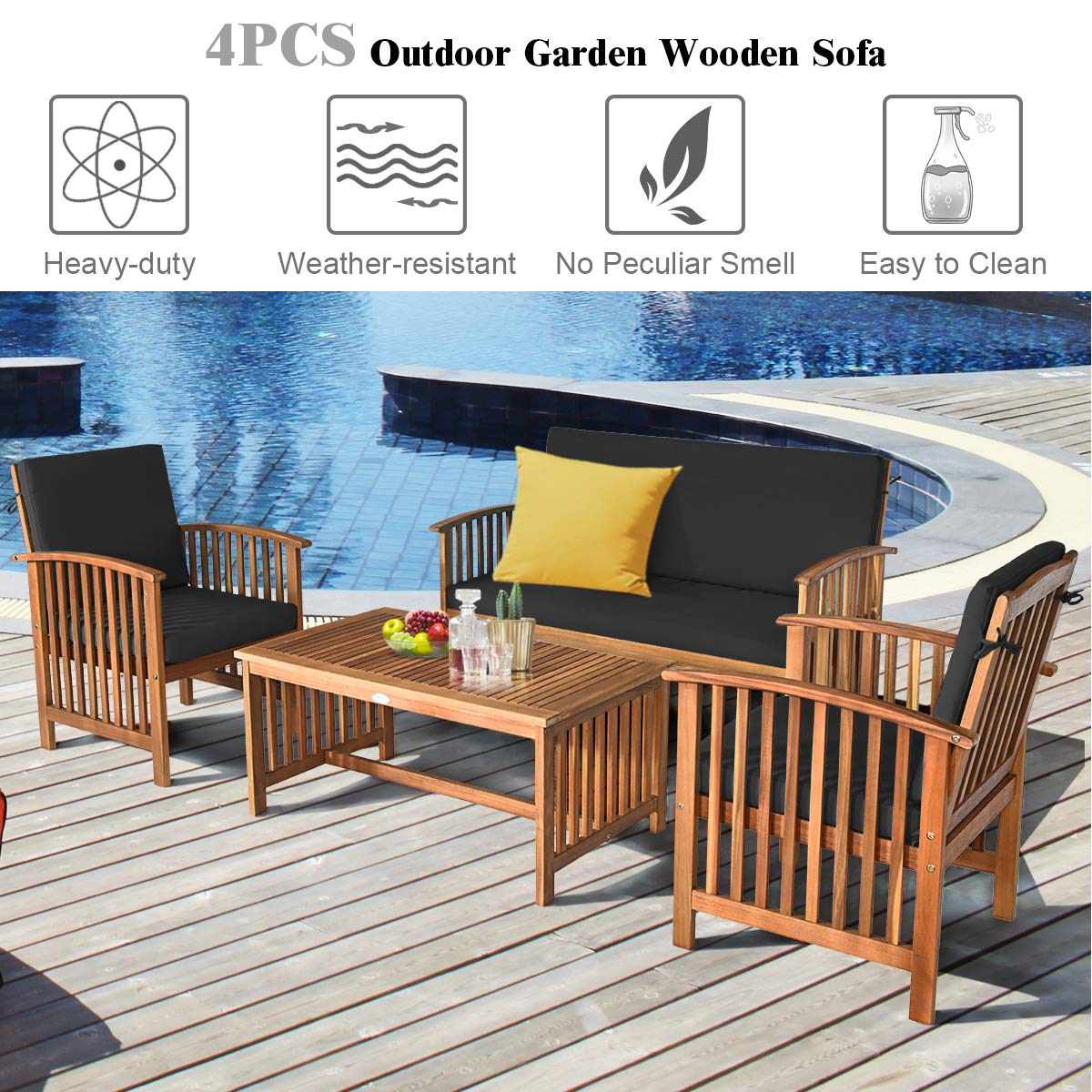 Outdoor 4 PCS Acacia Wood Sofa Set w/Water Resistant Cushions