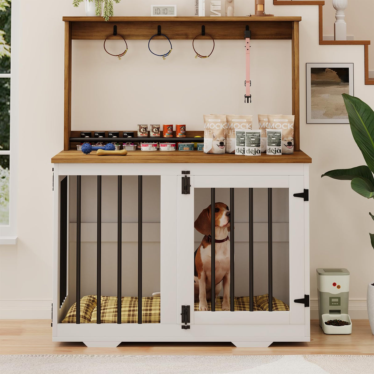 White Wooden Dog Crate Furniture with Storage Shelf & 4 Hooks