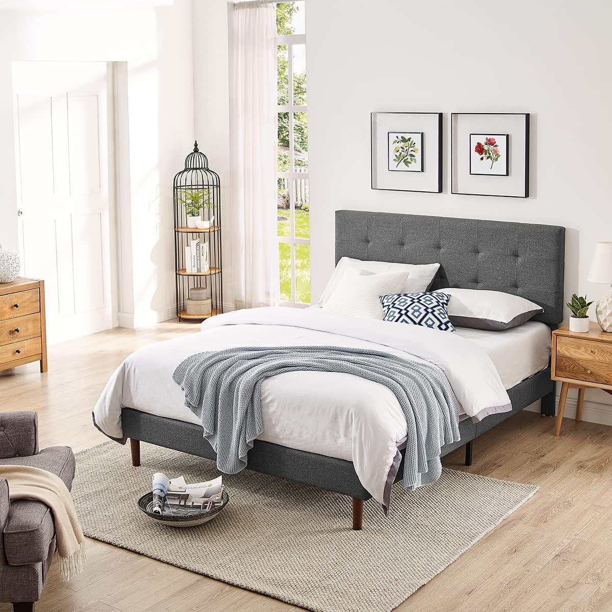 Twin Bed Frame with Adjustable Height Headboard,Tufted Upholstered Platform Bed