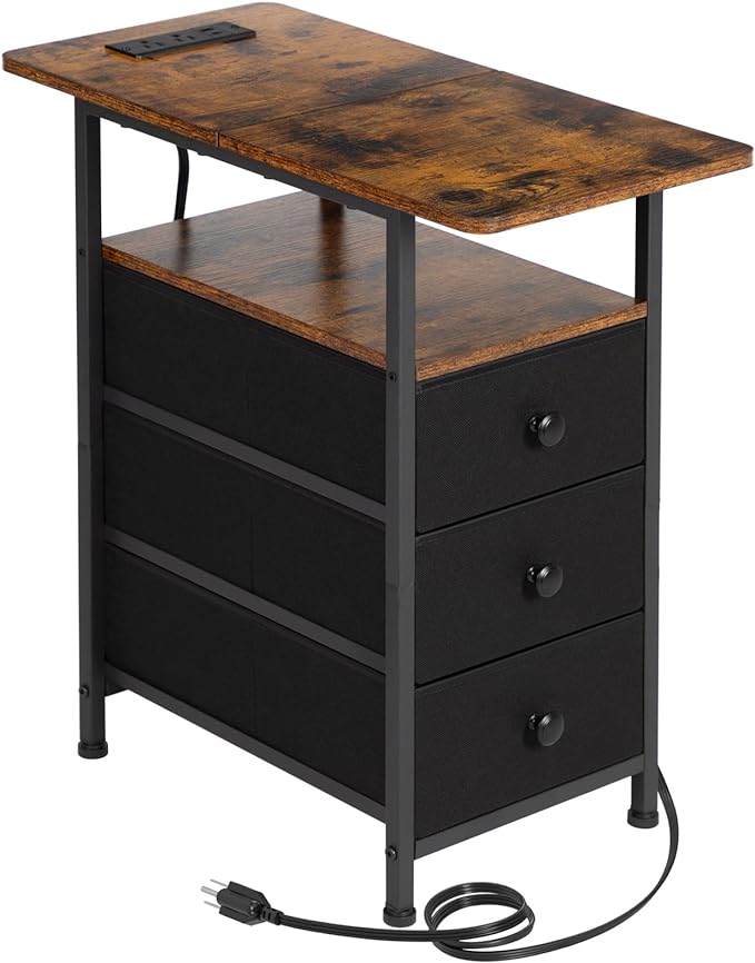 Narrow Side Table with Charging Station, Slim End Table