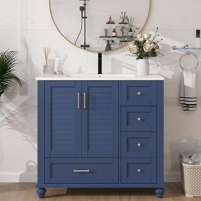 36" Bathroom Vanity with Sink, Painted Surface Solid Wood Frame Bathroom Storage